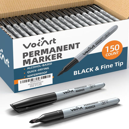 VOKART Permanent Markers Bulk, 150 Pack Black Permanent Markers, Thin Fine Point Tip for Office & Moving Supplies, Quick-Dry & Waterproof Ink Marker Pens for Moving Boxes, Labeling & Industrial Use