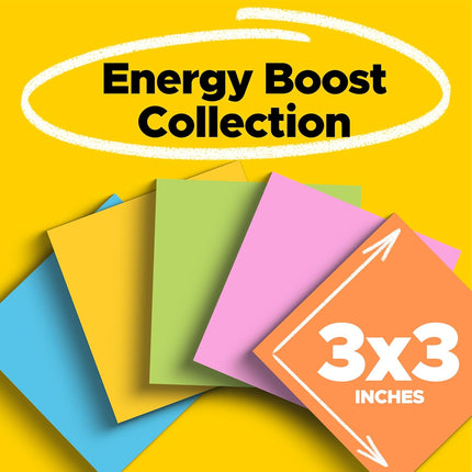 Post-it Super Sticky Notes, Energy Boost Collection, 1260 Total, 3 in x 3 in (76 mm x 76 mm), 14 Pads/Pack, 90 Sheets/Pad, 2X Sticking Power, Recyclable, Assorted Bright Colors