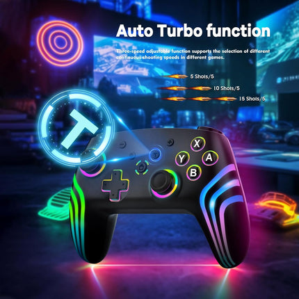 MYSTILUCK Wireless Pro Controller for Switch/Switch 2/Lite/OLED/PC, Gamepad with 7 Color-Changing RGB Lighting/Dual Vibration/6-Axis Gyroscope/Turbo, Ergonomically Designed Precise Joystick