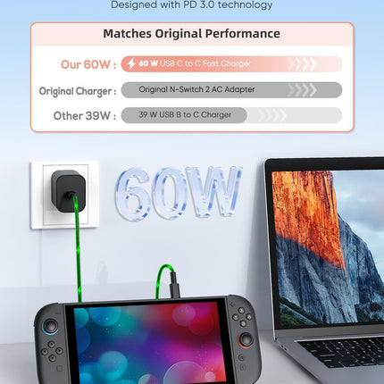 Switch 2 Charger with 3.3FT/1M USB-C Cable Cord - 60W AC Power Adapter, Support 4K TV Dock & PD 3.0 Fast, Power Supply 20V/3A Compatible with Switch 2/1/OLED (3.3FT - Portable Travel & Desk Size)