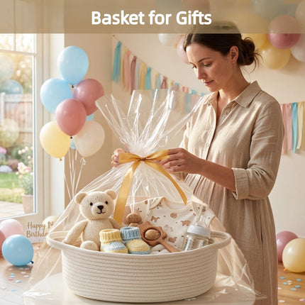 Optish Woven Basket, Gift Empty Basket with Bags and Ribbons, 13.5"x11"x5" Burr Rope Basket for Baby Shower, Durable Storage Basket with Handles for Nursery, Shelves, Toys, White