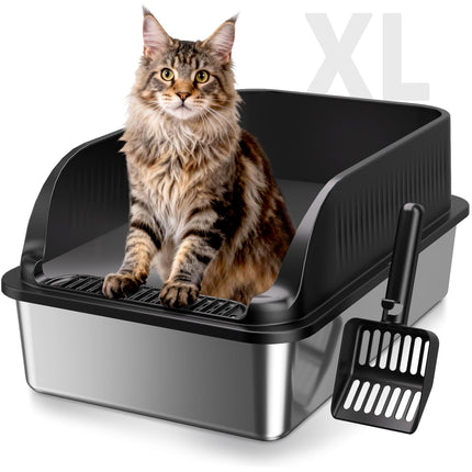 Arenero para gatos de acero inoxidable con tapa, arenero metálico XL de lados altos