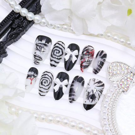 30Pcs Gothic Press on Nails Medium Almond Fake Nails Punk Cartoon Anime with Cute Bow Design Black White Full Cover Glue on Nails Horror Goth Designs Y2k False Nails for Women Acrylic Manicure Decor