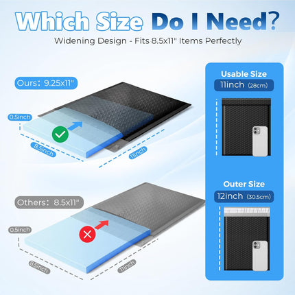 Extra Deep Bubble Mailers Usable Size 8.5x11" 25 Pack Padded Envelopes 9.25x12" Opaque Self Seal Adhesive Waterproof bubble envelopes Shipping Bag for Books,DVD,Small Business,Black,#2