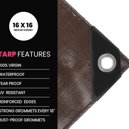 PROTARP Extreme Heavy Duty 22 Mil Tarp Cover, Waterproof, UV Resistant, Rip and Tear Proof, Poly Tarpaulin with Reinforced Edges for Roof, Camping, Patio, Pool, Boat. (Brown/Black 12′ X 16′)