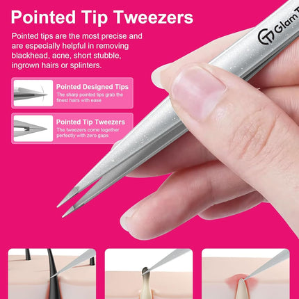 Expert Slant and Point Tip Tweezer Set with Exclusive Storage & Carrying Case, GlamTweeler Sharp & Precision Tweezer Set for Eyebrows, Facial Hairs and Fine Hairs Removal (Sparkle Violet + Silver)
