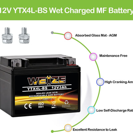Weize YTX4L-BS High Performance-Rechargeable-Sealed Motorcycle Battery Compatible With Polaris Scrambler, Sportsman 90, Honda Scooters NQ50 Spree,Kawasaki 110 Can-Am DS70,Yamaha TTR125E/LE