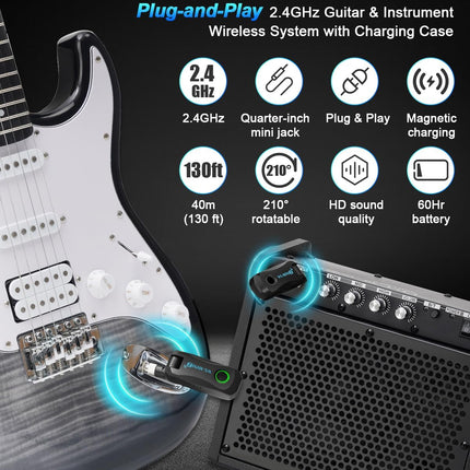 Wireless Guitar System with Charging Case, 2.4GHz Low Latency Digital Signal Transmitter Receiver Set for Electric Guitar & Bass, Plug and Play, Up to 130ft Range, Rotatable Jack, WS-MINI2
