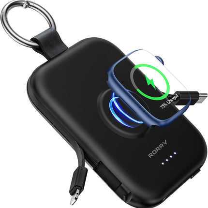RORRY Portable Charger, 5000mAh Portable Charger Power Bank with Built-in Cables, Travel Keychain Battery Pack for Apple Watch Ultra/11/10/9/8/7/6/SE, iPhone Air/17/16/15/14/13/12, Black