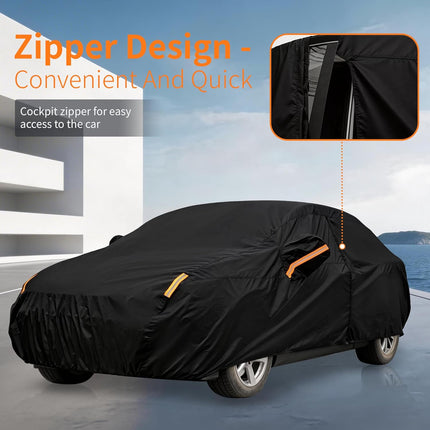 Waterproof Car Cover All-Weather, Heavy-Duty Outdoor Full Exterior Automobiles Snow Cover for Sedan 186-193 inch with Sun Visor,Zippered & Storage Bag - Black
