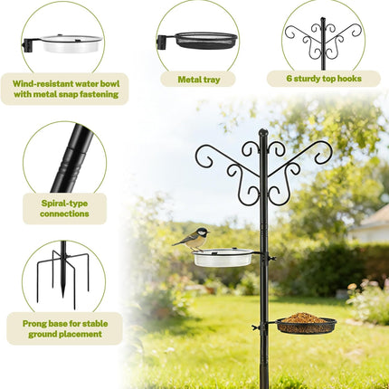 Bird Feeding Station,Heay Duty Bird Feeder Pole with Upgraded Thickened Pole & 5-Prong Base,Hanging Hooks,Mesh Tray,Water Bowl w/Metal Snap Fastening,Wind-Resistant Wild Bird Feeding Kit for Outdoors
