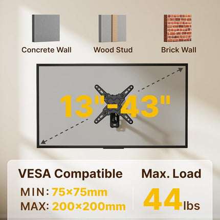 monTEK Full Motion TV Wall Mount Bracket for Most 13-43 Inch LED LCD Flat Screen TVs & Monitors, Swivel Tilt Extension Rotation with Articulating Arms, TV Mount Max VESA 200x200mm, up to 44lbs