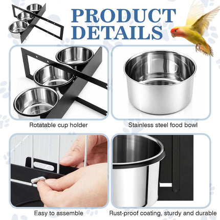 LemonRoad 3 Pcs Stainless Steel Bird Feeder Cups with Swing Gate, Durable Rustproof Feeder with Holder (18.9" x 5.12") for Parrots, Cockatiels, Lovebirds, Easy to Install, Perfect for Large Bird Cages