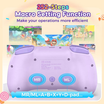 IINE Wireless Controller for Switch/PC/Android/IOS, Cute Gamepad with RGB Lights, Mini Pro Controller with Turbo/Macro/NFC Amiibo/Motion Sensor/Wake-Up/Rumble (Purple)