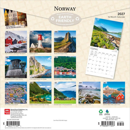 Norway | 2027 12 x 24 Inch (Hanging) Monthly Square Wall Calendar | Plastic-Free | BrownTrout | Travel Europe Scandinavian Fjords