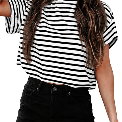 Camisetas cortas de manga corta para mujer, cuello redondo, top básico de verano