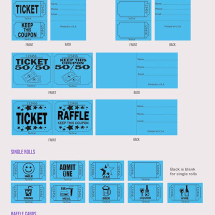 1000 Tacticai Raffle Tickets, Blue (1 of 8 Colors), Double Roll, Ticket for Events, Entry, Class Reward, Fundraiser & Prizes