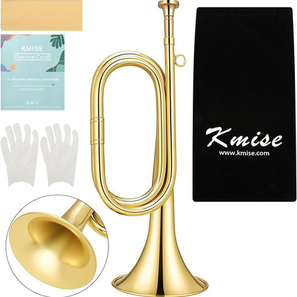 Kmise Bb Brass Bugle, Lightweight Keyless Trumpet Instrument for School Bands, Summer Camps, Team Activities with Storage Bag, Cleaning Cloth, Gloves