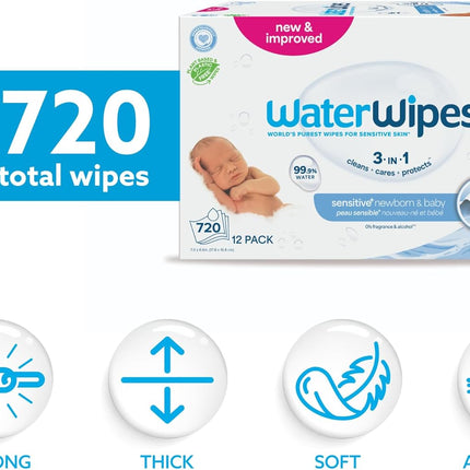 WaterWipes Sensitive+ Newborn & Baby Wipes, 3-In-1 Cleans, Cares, Protects, 99.9% Water, Unscented & Hypoallergenic, 720 Count (12 Packs)