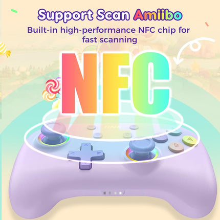 IINE Wireless Controller for Switch/PC/Android/IOS, Cute Gamepad with RGB Lights, Mini Pro Controller with Turbo/Macro/NFC Amiibo/Motion Sensor/Wake-Up/Rumble (Purple)