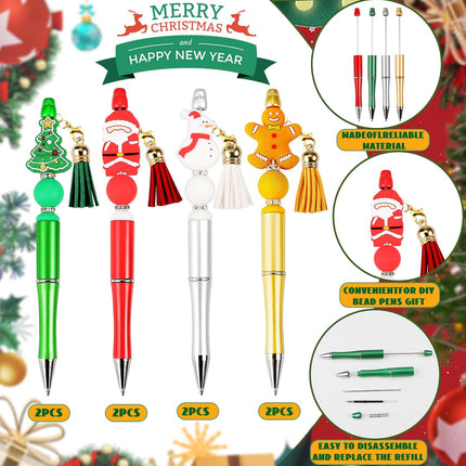 CZWZ 8 Pcs Christmas Beadable Pens, Plastic Beadable Pens with Multicolor Silicone Beads, Christmas Snowman Pine Tree Floral Hoop Deer Pens for Christmas Office School Supplies