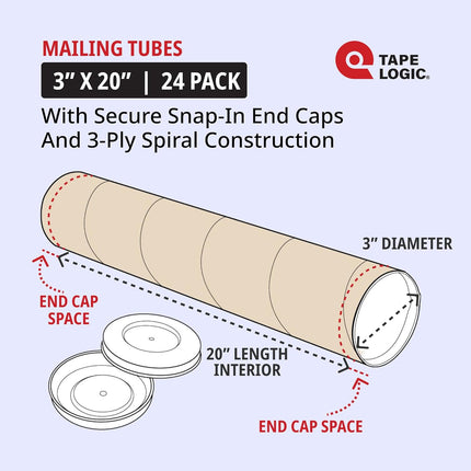 TAPE LOGIC Cardboard Tubes with Caps, 20"L x 3"W x 3"H, Pack of 24 | Poster Tube for Mailing and Storage of Blueprints, Artwork, Crafts, Long Art Holder, 20 inches