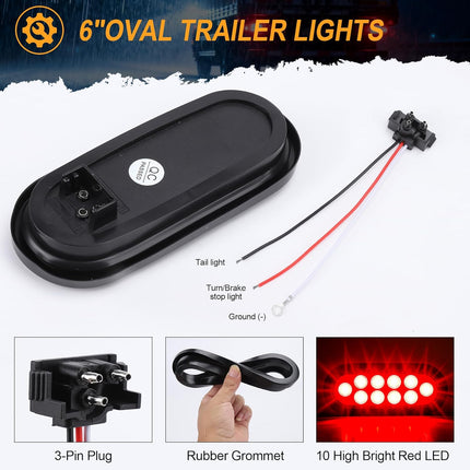 6-Inch Oval Red LED Trailer Tail Lights 2PCS, 10 LEDs Stop Turn Tail Brake Lights, DOT Certified, IP67 Waterproof Surface Mount, for Truck RV Boat Trailer