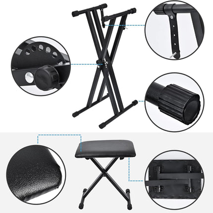 Keyboard Stand & Bench Set, Upgrade Heavy Duty Double-X Keyboard Stand, Adjustable & Portable Digital Piano Stand with Locking Straps