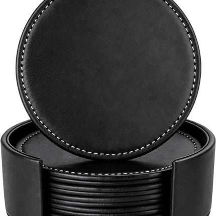 Leather Coasters Set of 6, Handmade Round Coaster for Drinks, Waterproof Non-Slip Heat Resistant Cup Mats for Coffee Table, Bar, Kitchen & Office, Protect Furniture from Watermark (Black)