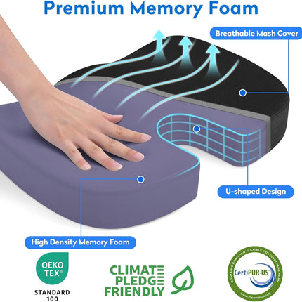 CushZone Seat Cushion - Memory Foam Office Chair Cushion for Sciatica, Tailbone & Back Pain Relief - Orthopedic Coccyx Pillow for Car, Airplane, Pregnancy & Long Sitting at Work, Black