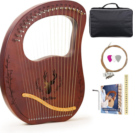 Lyre Harp, 19-String Mahogany Lyra Harp Kit, Stringed Musical Instruments with Tuning Wrench Bag Instructions Extra Strings for Beginners Adults