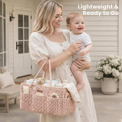 Konssy Braided Quilted Diaper Caddy Organizer, Boho Nursery Storage Basket with PU Leather Handles, Water-Repellent Portable Diaper Basket for Changing Table, Newborn Essentials (Blush)