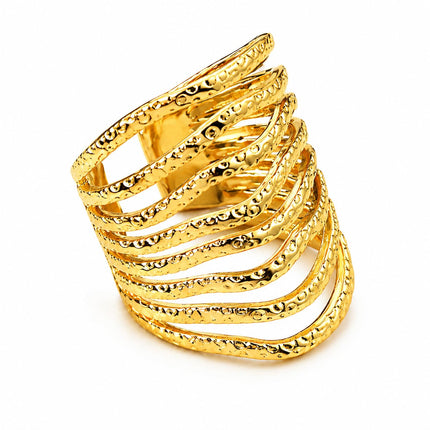 Gold Multi Layer Statement Ring for Women, Wide Band Open Finger Ring, Textured Stack Look Ring, Bold Minimalist Fashion Jewelry for Daily Wear Party