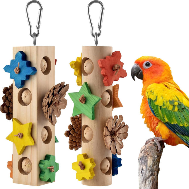 Bird Toys for Parrot, 2 Pcs Hanging Colorful Wood Blocks Pine Cones Parakeet Chew Foraging Toy for Beak-Grinding, Cage