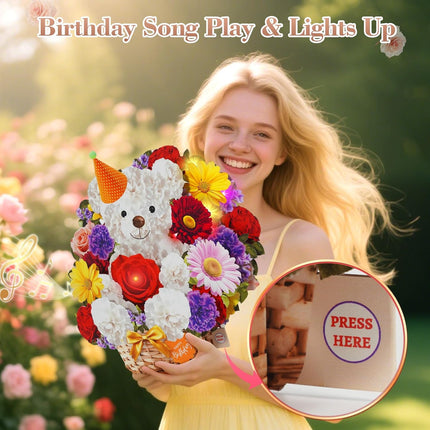 MZD8391 Birthday Cards with MUSIC & LIGHTS, Happy Birthday Card, Bear & Daisy, 10 Inch Life Sized Forever Flower Bouquet 3D Pop Up Greeting Card for Wife Mom Daughter Grandma Women