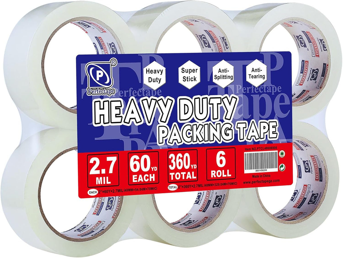 Heavy Duty Packing Tape 6 Rolls, Total 360Y, Clear, 2.7 mil, 1.88 inch x 60 Yards, Ultra Strong, Refill for Packaging