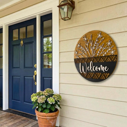 3D Welcome Sign for Front Door - Rustic Round Wood Wreath Wall Hanging - Modern Farmhouse Porch Decor - Housewarming, Wedding & New Home Gift - Spring Summer Decoration