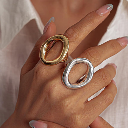 Chunky Irregular Hollow Oval Statement Ring For Women Adjustable Open Band Geometric Fashion Jewelry Gold Tone Or Silver Tone