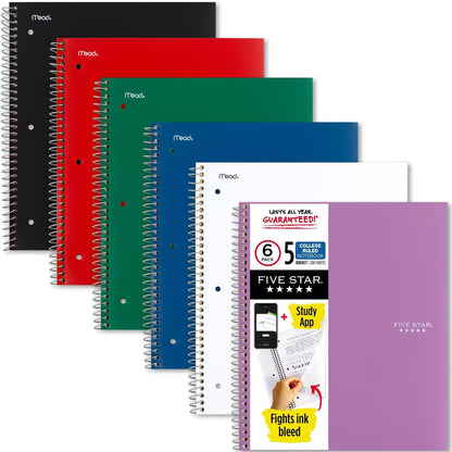 Spiral Notebook + Study App, 6 Pack, 5 Subject, College Ruled Paper, Fights Ink Bleed, Water Resistant Cover, 8-1/2" x