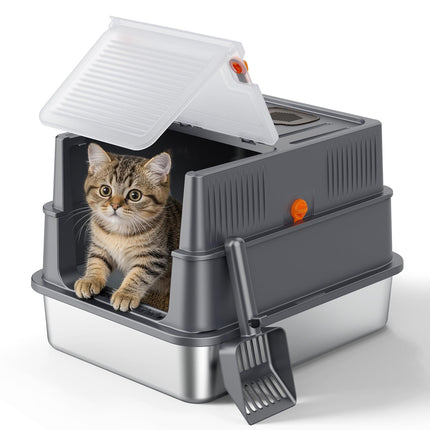 Stainless Steel Litter Box with Lid, Enclosed Metal Cat Litter Box