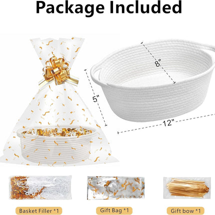 SUNCOLOR Small Woven Gift Basket Set with Cut Paper Shred Filler, Pull Bow & Cellophane Bag, 12x8x5 Inch Durable Cotton Rope Storage Basket for Easter, Baby Shower, Birthday, Holidays