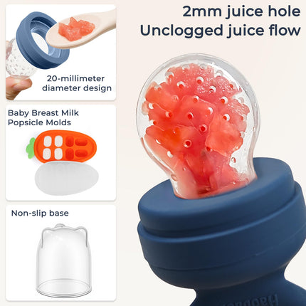 Baby Fruit Feeder 2 Pack with Freezer Tray, 4 Silicone Pouches in 3 Sizes, Breastmilk Popsicle Mold, Food Feeder Pacifier and Silicone Teether, 4+ Months