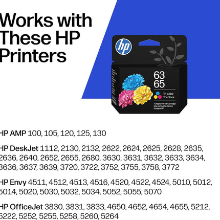 HP 63 65 Tri-Color Ink Cartridge | Works AMP; DeskJet 1100, 2100, 2600, 3600; Envy 4500, 5000; OfficeJet 3800, 4600, 5200 Series | B7RT2AN