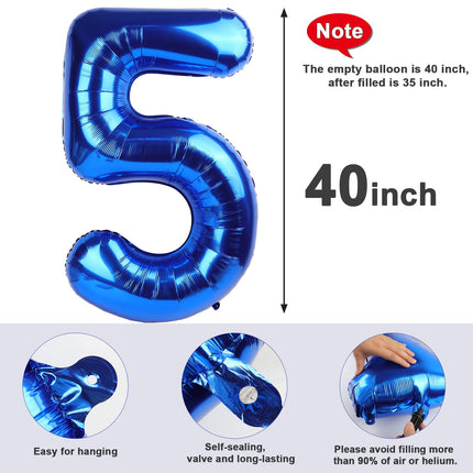 Number Balloons 5 Balloon Blue Birthday Decorations for Men Party, 40 Inch