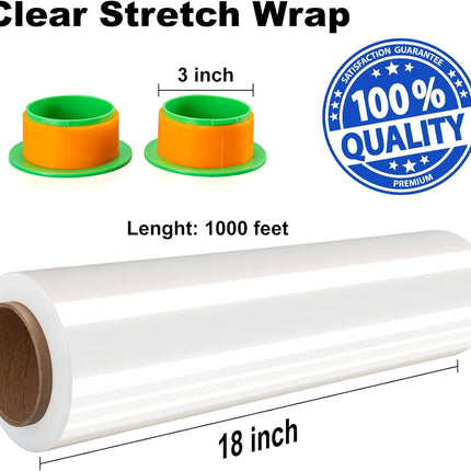 2 Rolls Clear Stretch Wrap 18" x 1000 FT x 80 Gauge, Industrial Heavy Duty Stretch Wrap Shrink Film, Durable Self-Adhering for Packing, Moving, Pallet, Included Wrap Holder