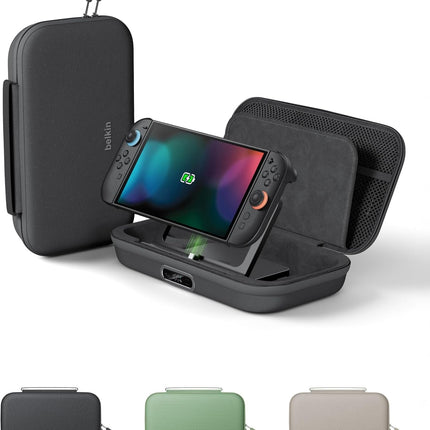 Belkin Charging Case Pro for Nintendo Switch 2, 10000mAh Power Bank, 30W Fast Charging w/Kick Stand - Custom Fit, Hard Shell Carrying Case, 12 Game Card Slots, AirTag Holder, Digital Display - Black