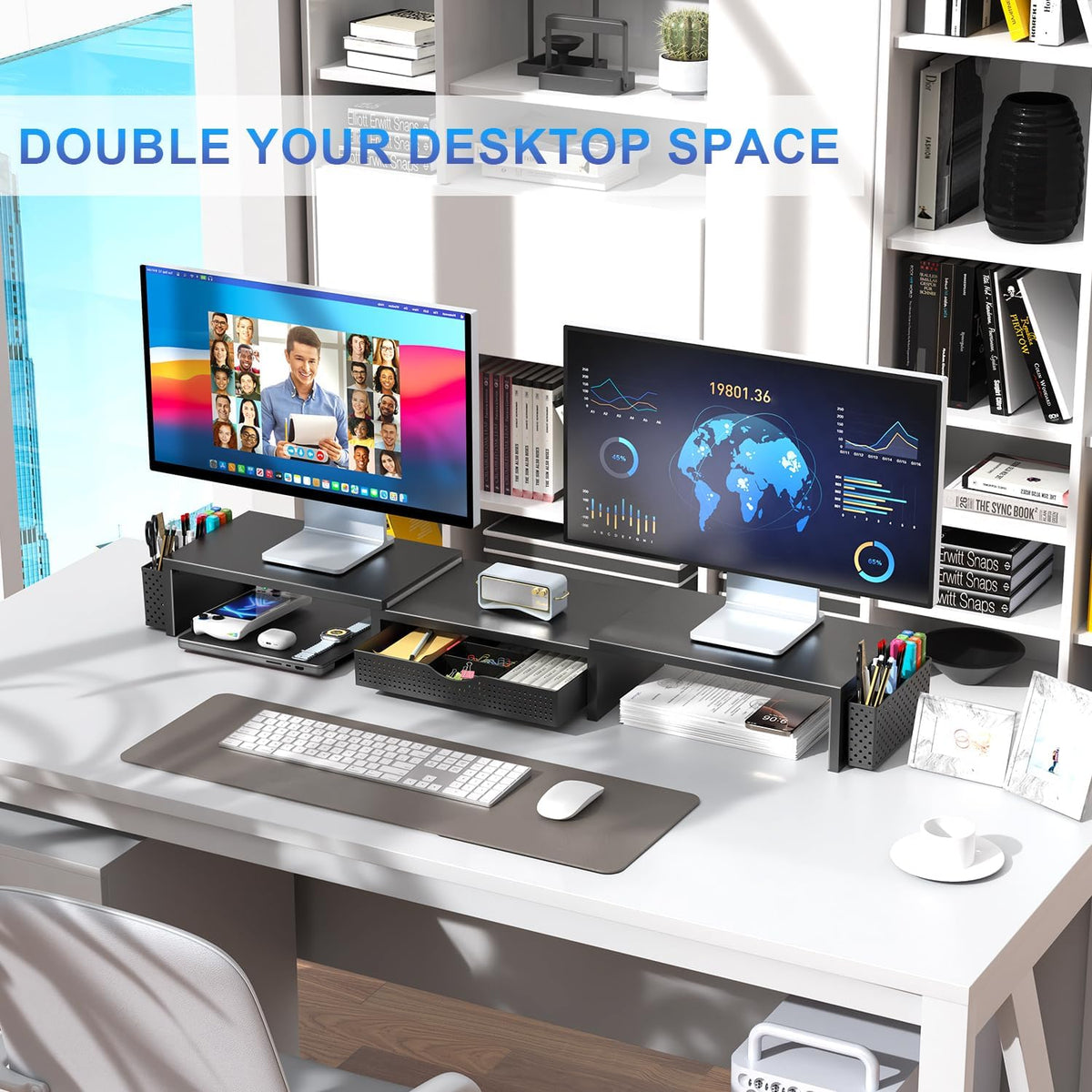 Dual Monitor Stand Riser Desk Organizer in Black - photo 3