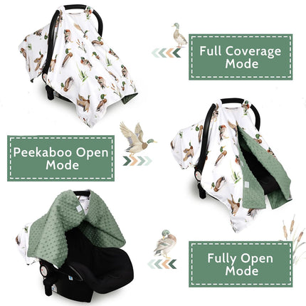 Green Car Seat Cover Baby Boy, Peekaboo Infant Car Seat Cover Summer, Multi-Use Newborn Carseat Canopy, Nursing Cover, Blanket, Mallard Duck