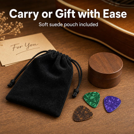 Set de portapúas de guitarra con 2 púas de madera + 8 púas de celuloide (3 grosores), estuche de madera con tapa magnética giratoria, mini joyero, accesorios musicales para guitarrista