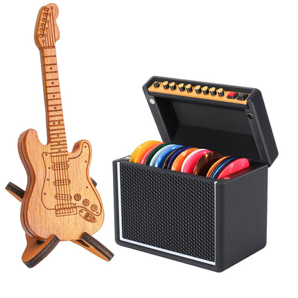 Guitar Picks Holder Box, Amp Speaker Styled Pick Holder with 5 Celluloid Guitar Picks, Guitar Pick Display Holder Storage Box Set for Guitar Players and Music Lovers